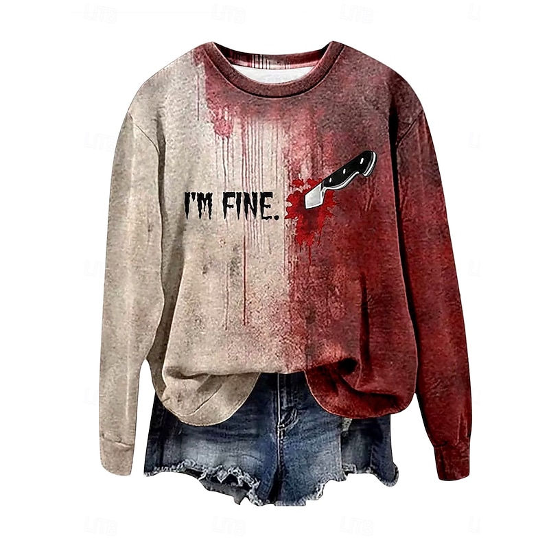 Halloween Women's Pullover Sweatshirt Bloodstain Graphic Letter Casual Long Sleeve Crew Neck Regular Tops Party Evening Wear Street Casual Print Wine Red Khaki Spring Fall Winter