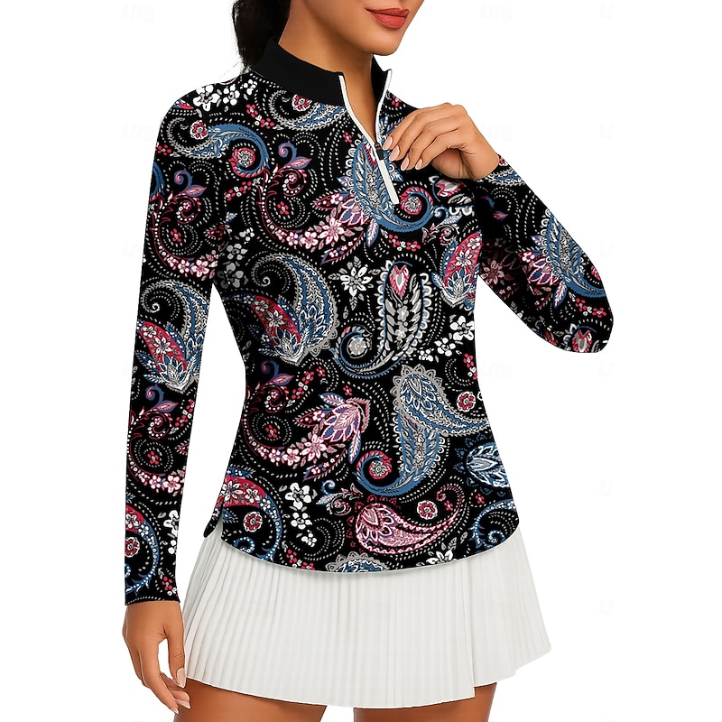 Women's Paisley Tops Golf Polo Shirt Tennis Shirt Tennis Tee Long Sleeve Print Quarter Zip Pullover UPF50+ UV Protection Elastic Breathable Tennis Golf Pickleball Stand Collar Zip Collar Shirt Polo