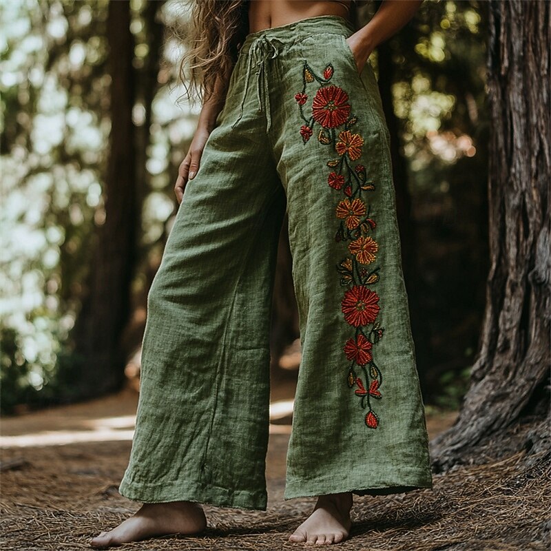 Women's Wide Leg Pants Trousers Palazzo Pants Fashion Boho Full Length High Waist Flower Elastic Waist Drawstring Print Breathability Comfortable Street Daily Wear Going out Army Green Spring Fall
