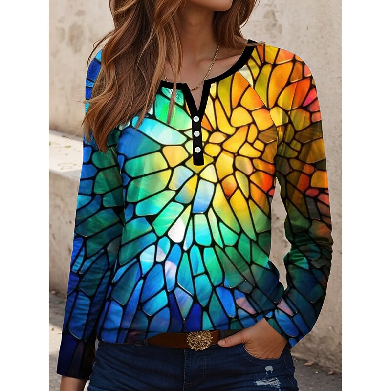 Women's T Shirt Geometric Vintage Stylish Casual Long Sleeve Crew Neck Regular Tops Daily Print Yellow Blue Orange Green Spring Fall