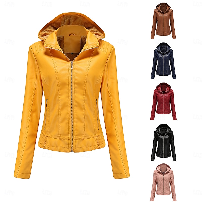 Women's Faux Leather Jacket Fleece Jacket Waterproof Comfortable Pocket Full Zip Fleece Lined Fashion Street Style Plain Outdoor Casual Daily Regular Hooded Regular Fit Long Sleeve Outerwear Yellow - Main Image