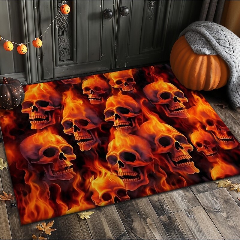 Halloween Indoor Outdoor Doormat Kitchen Mat Fire Skulls Pattern, Non-Slip Front Door Mat for Porch, Entryway, Patio, Bedroom, Bathroom and 2025 Halloween Home Decoration2