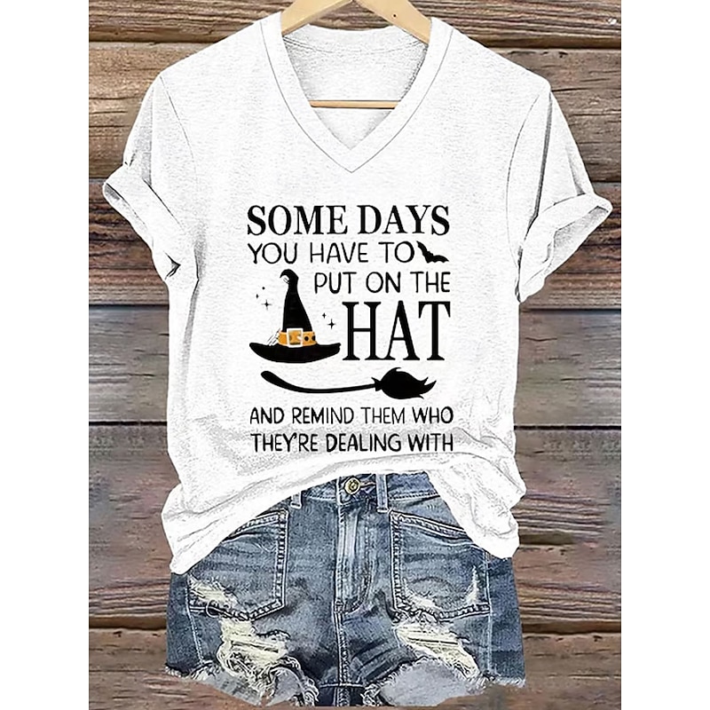 Halloween Women's T shirt Witch Graphic Letter Vintage Stylish Classic Short Sleeve V Neck Regular Tops Daily Print White Purple Orange Green Spring Fall4