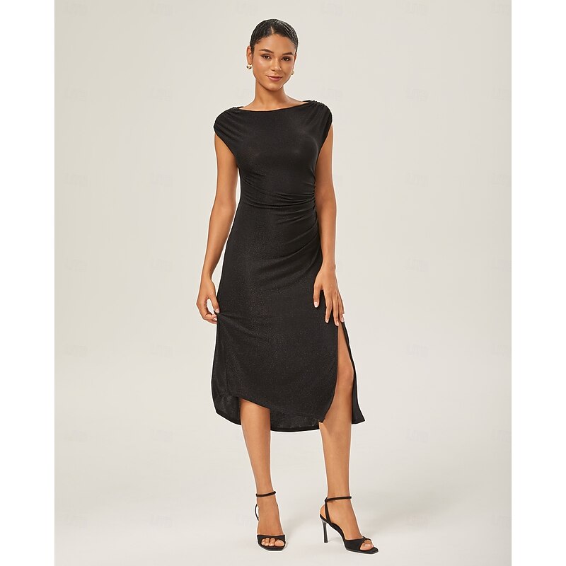 Black Glitter Off-Shoulder Cinched Knit Dress2