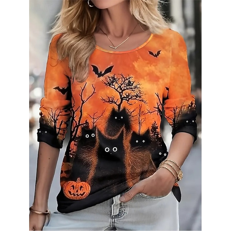 Halloween Women's T shirt Monster Crew Neck Long Sleeve Tunic Graphic Skeleton Vintage Stylish Classic Round Neck Regular Tops Daily Print Orange Fall2