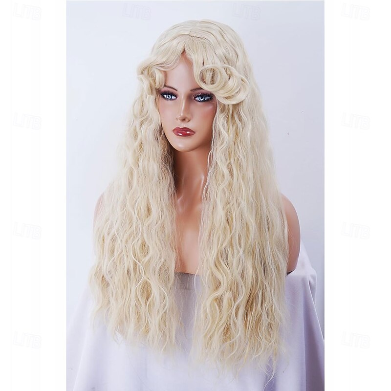 Long Blonde Wig for Women Vintage Water Wavy Gold Wig with bangs Synthetic Retro Wig for Halloween Daily Use3