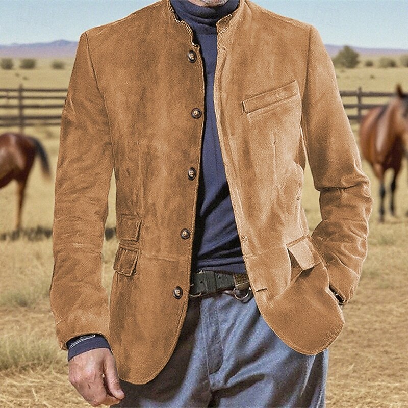 Men's Faux Suede Jacket Vacation Daily Windproof Warm Pocket Fall Winter Plain Fashion Classic Stand Collar Regular Light Khaki Black Blue Khaki Army Green Jacket2