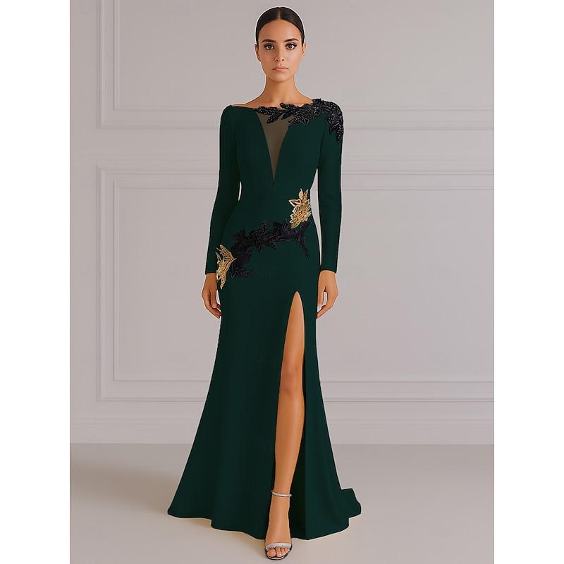 Black and Gold A-Line Evening Gown Elegant Dress Formal Tuxedo Dress Wedding Sweep / Brush Train Long Sleeve V Neck Stretch Crepe with Sequin Embroidery4