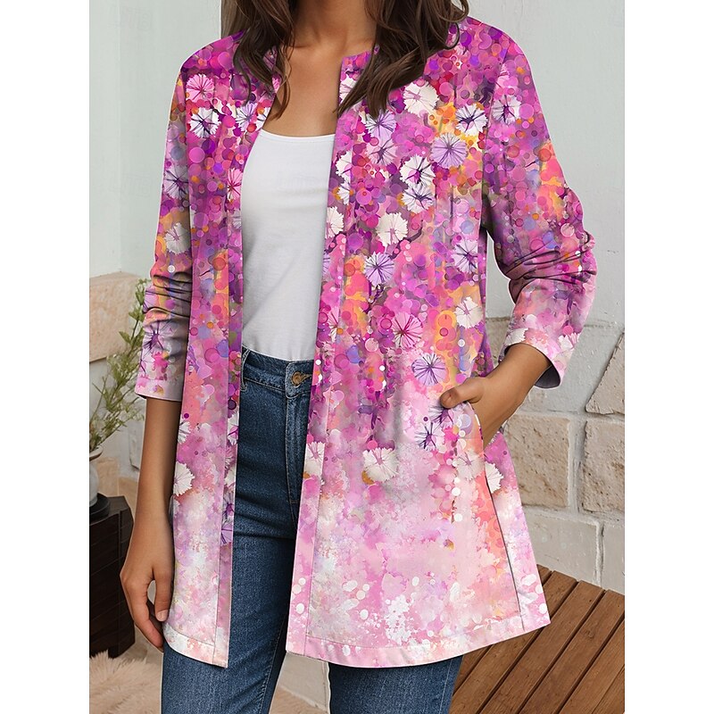 Women's Blazer Work Casual Fall Winter Regular Coat Regular Fit Breathable Elegant Artistic Style Boho Vintage Jacket Long Sleeve Floral Print Open Front Blue Purple Green3