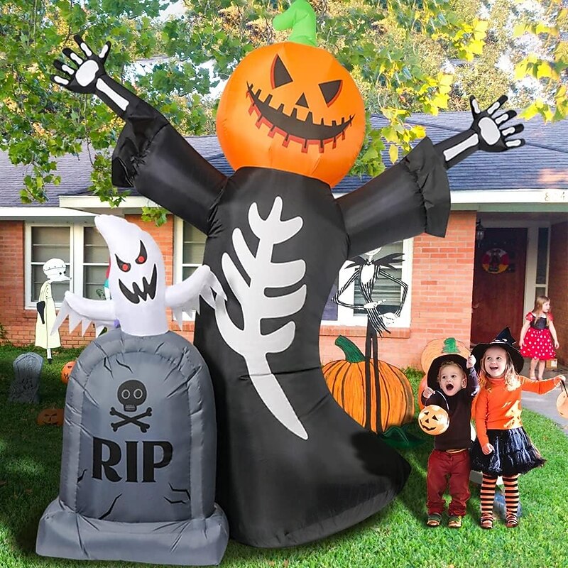 1 Pc 8FT Outdoor Halloween Lantern Pumpkin Head Skull Ghost Tombstone Inflatable Air Model Indoor and Outdoor Courtyard Garden Path Party Decoration Lights2