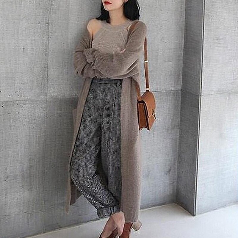 Women's Sweater Cardigan Fashion Streetwear Daily Solid Color Ribbed Open Front Knitted Long Sleeve Long Tops Knit Holiday Going out Weekend Black Camel Fall Winter4