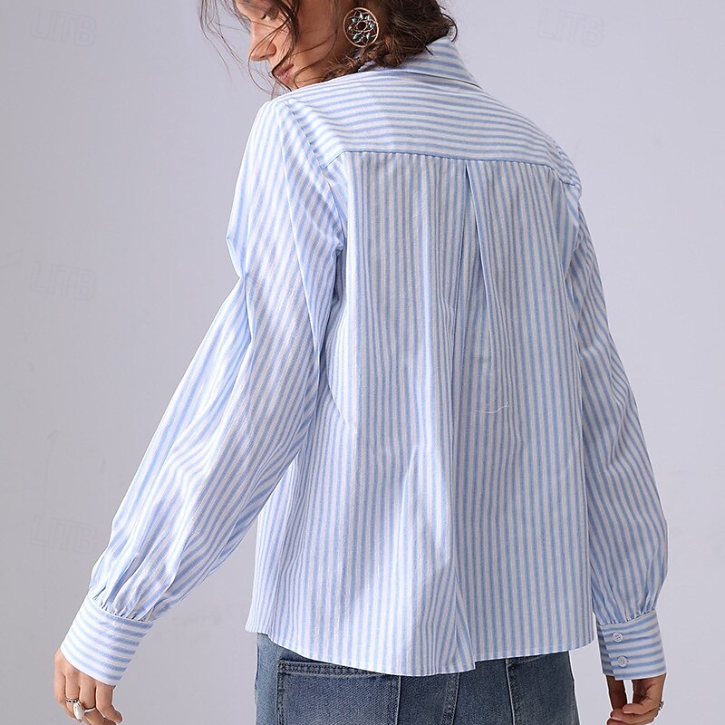 Women's Shirt Button Down Blouse Floral Striped Elegant Bohemia Vintage Long Sleeve Shirt Button Down Blouse Collar Regular Tops Work Daily Holiday Embroidered 1# Original light blue-BLUE2