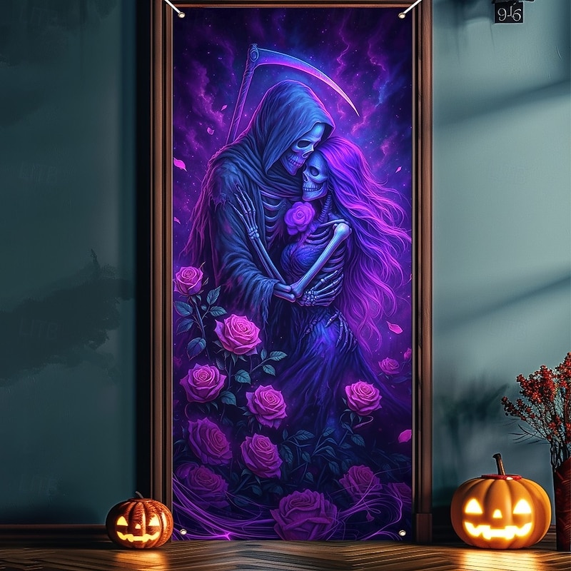 Halloween Door Cover Neon Skull Pile Banner, Glowing Blacklight Entrance Decoration for Outdoor & Indoor 2025 Halloween Bedroom, Living Room, Bathroom4