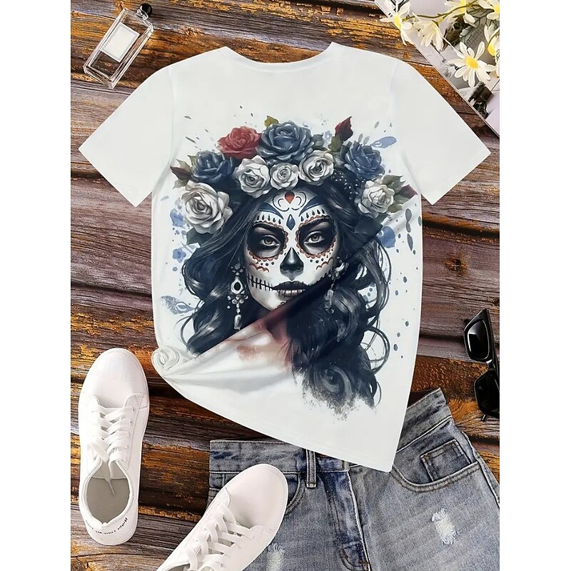 Halloween Women's T Shirt Skulls Skeleton Casual Short Sleeve Round Neck Regular Tops Daily Going out Weekend Print Black White Summer3