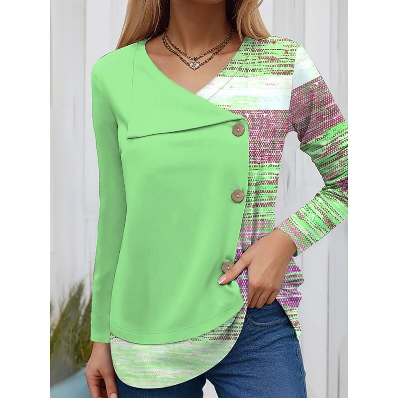 Women's Blouse Tunic V Neck Long Sleeve Buttons Graphic Geometric Vintage Fashion Stylish Crew Neck Regular Tops Daily Patchwork Print Pink Blue Purple Green Spring Fall Winter Prefall4