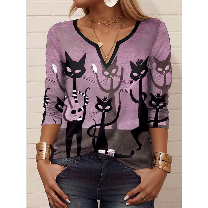 Halloween Women's T shirt Black Cat Long Sleeve Graphic Animal Geometric Vintage Stylish Classic Long Sleeve V Neck Notched Neck Regular Tops Daily Print Pink Blue Green Spring Fall Prefall3