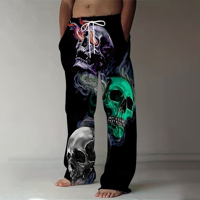 Men's Halloween Costumes Skulls Trousers Baggy Pants Casual Pants Mid Waist Dark Gothic Style Holiday Streetwear Elastic Drawstring Waist Linen-Like Pants with Pockets Summer Spring 3D Print Black 13