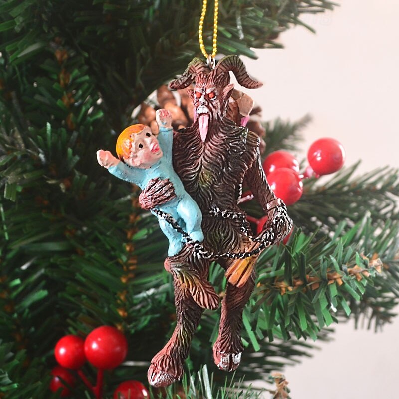 Halloween Krampus Ornament Resin Hanging Decoration, Evil Demon Grabbing Child Figurine, Scary Horror Christmas Gift Resin Sculpture