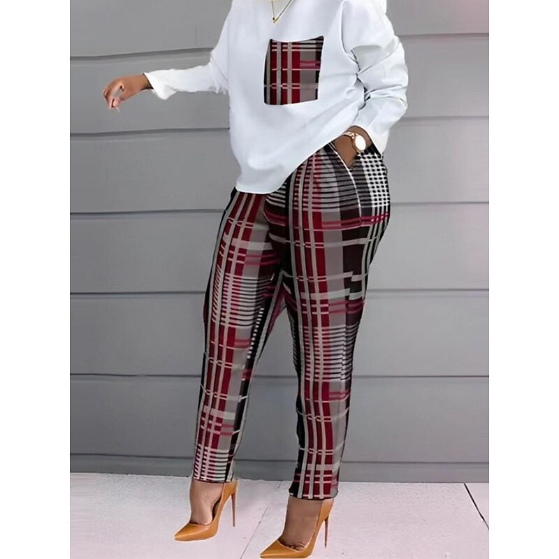 Women's Fashion Streetwear Daily Pants Sets Long Sleeve Crew Neck Graphic Color Block Letter Print Casual Daily Black White Red Spring Regular Fit3