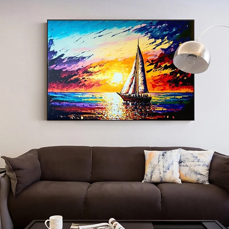 Handmade Oil Painting Canvas Wall Art Decoration Sailing Sunset Seascape for Home Decor Rolled Frameless Unstretched Painting3