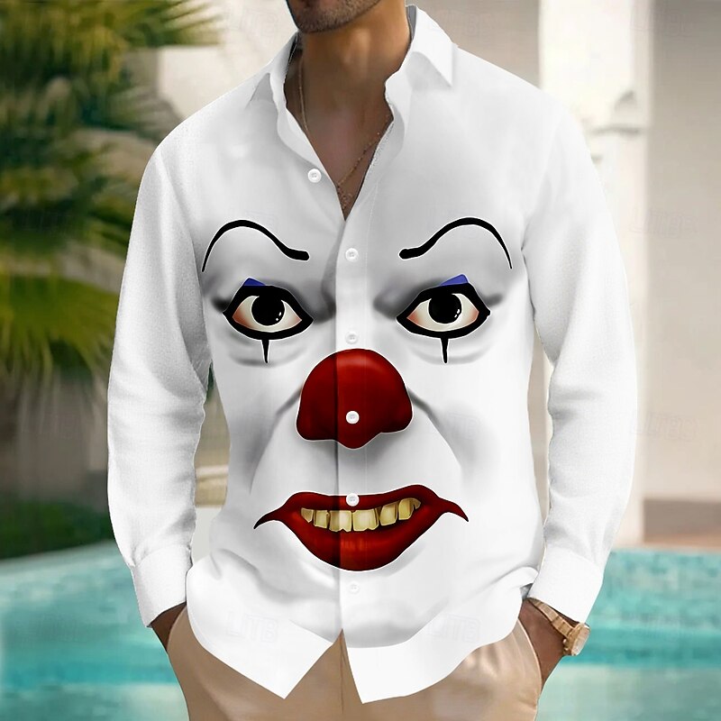 Men's Creepy Clown Funny Clown Shirt Button Up Shirt Long Sleeve Fashion Casual Holiday Streetwear Spring Fall Turndown 3D Print Front One Pocket Linen Like Shirt White