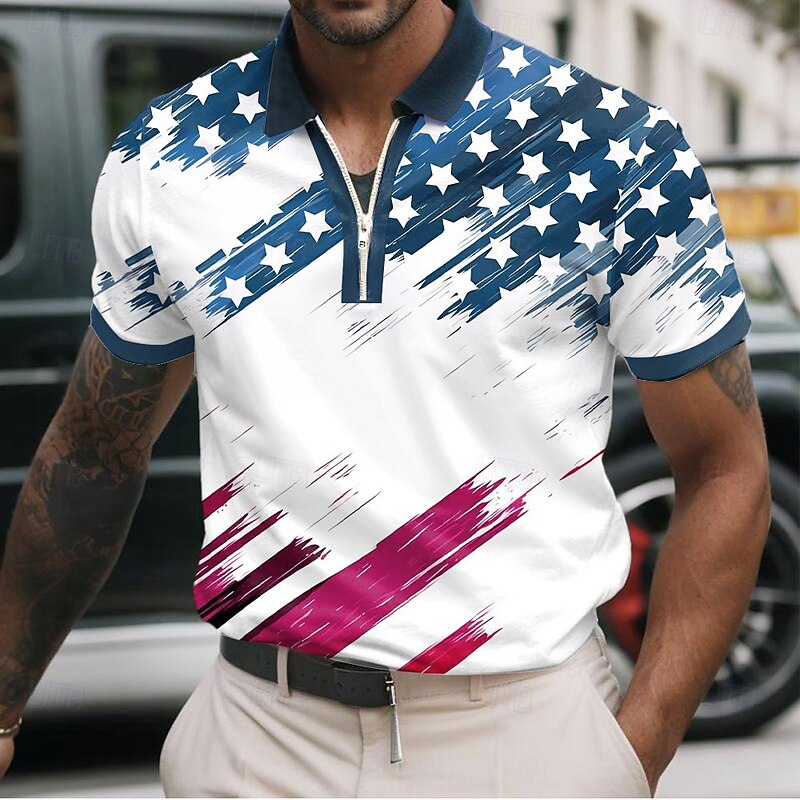 Men's American US Flag Zip Polo Shirts Short Sleeve Polo Shirts Collared Shirts Casual Athleisure Daily Wear 3D Print Summer Red Navy Blue Sky Blue