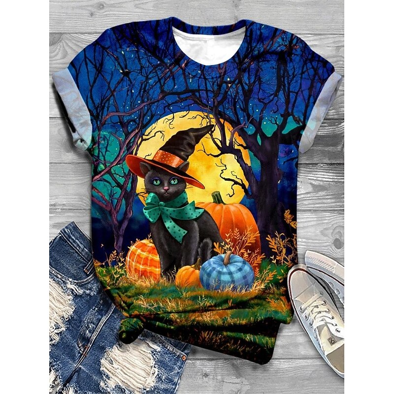 Halloween Women's T shirt Bat Graphic Animal Cat Vintage Stylish Classic Short Sleeve Crew Neck Round Neck Regular Tops Daily Weekend Print Black Blue Purple Brown Khaki Summer Spring Fall2