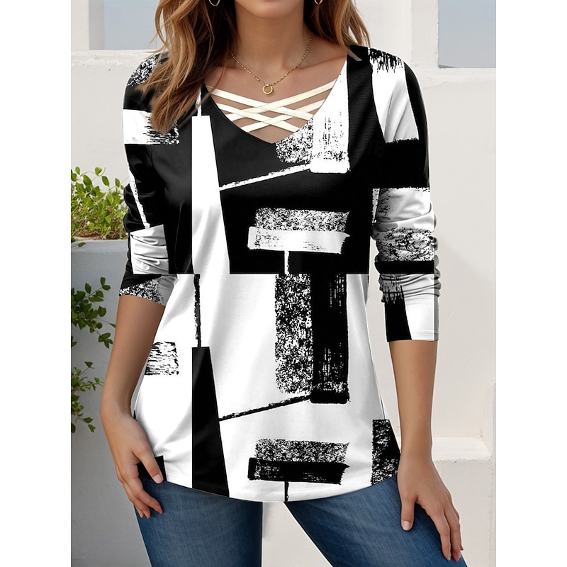 Women's T Shirt Graphic Geometric Vintage Stylish Modern Long Sleeve V Neck Regular Tops Daily Cut Out Print White Pink Dusty Rose Brown Khaki Spring Fall