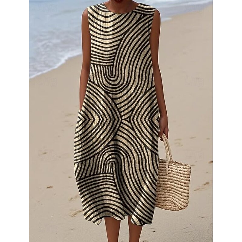 Women's Midi Dress Sundress Vacation Casual Boho Party Beach Loose Fit Geometric Sleeveless Crewneck Pink Red Blue Orange Summer Spring