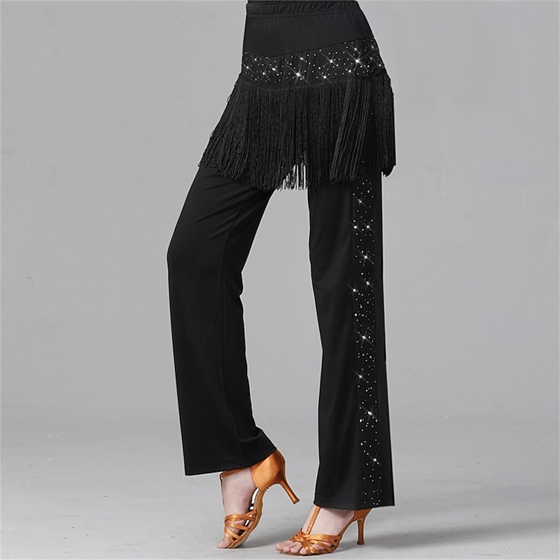 Women's Latin Dance Sequin Fringe Pants – Long Wide-Leg Trousers for Jitterbug, Sailor Dance & Ballroom Performance/Practice