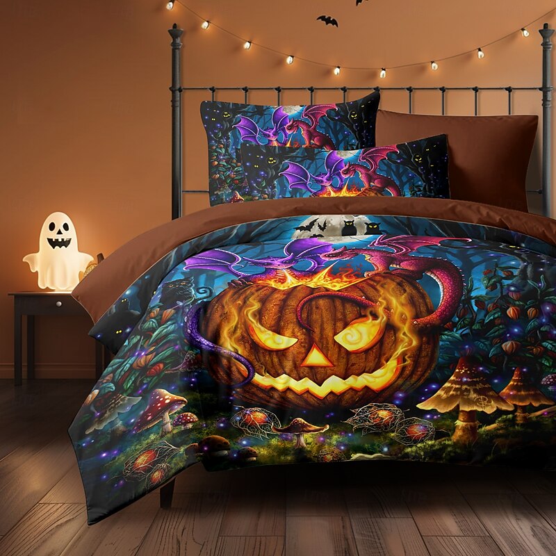 Halloween Duvet Cover The glowing Pumpkin by Sarah Richter Bedding Set 3-Piece Comforter Cover Set with Zipper Closure, Soft and Lightweight, Holiday Bedroom Decoration