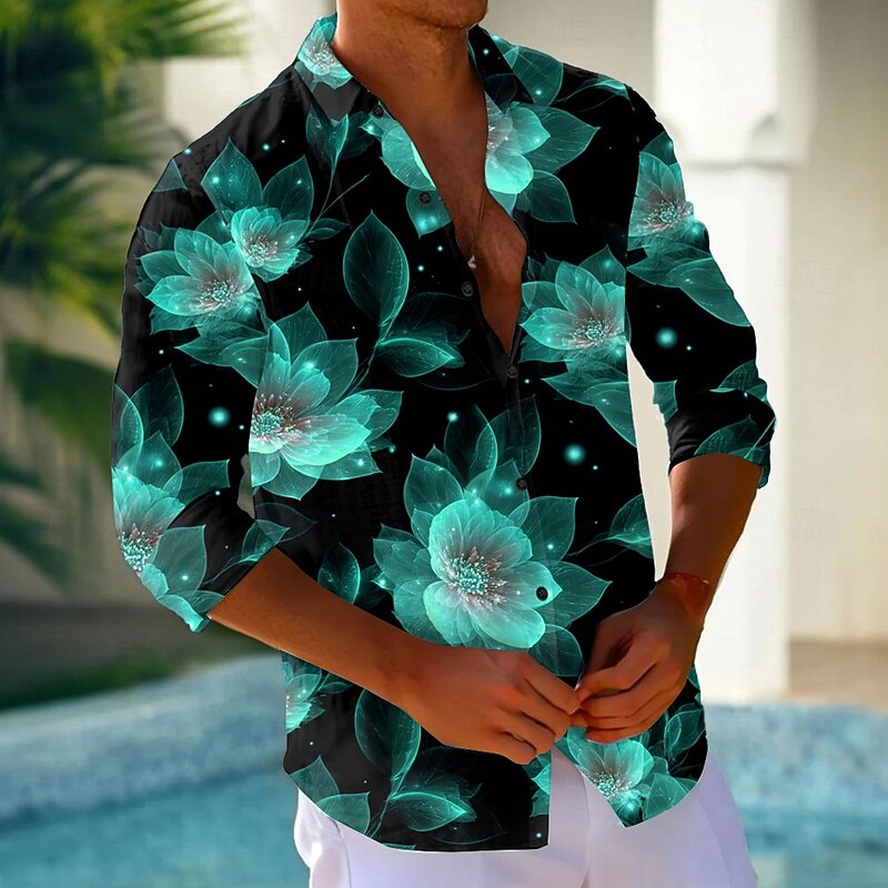 Men's Floral Print Neon Glow Flowers Shirt Button Up Shirt Long Sleeve Fashion Casual Holiday Streetwear Summer Spring Turndown 3D Print Collared Shirts Light Green Blue Purple Green4