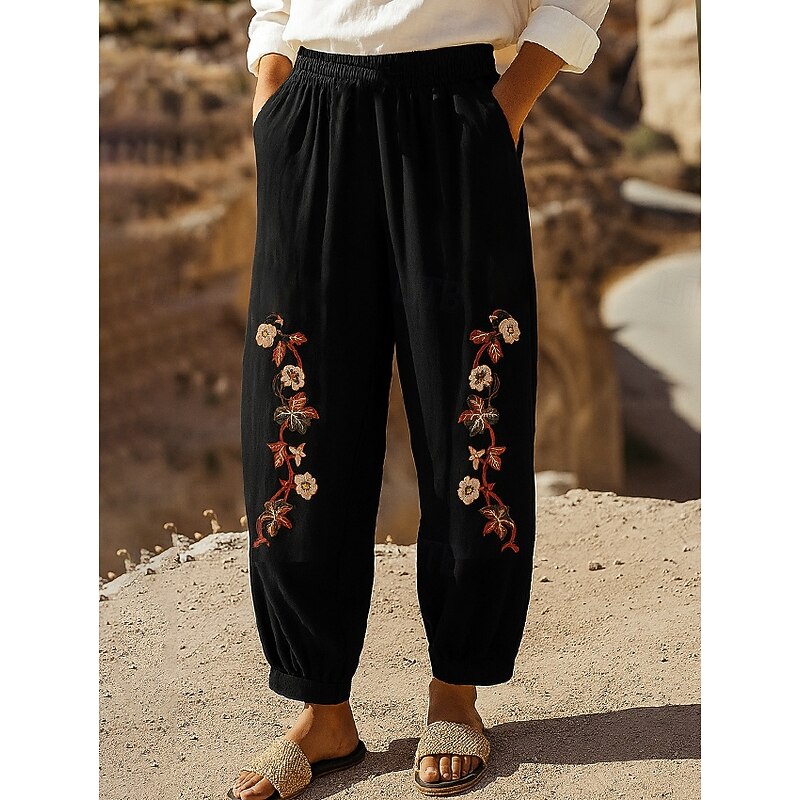 Women's Cotton Linen Pants Chinos Fashion Basic Ethnic Full Length Medium Waist Floral Embroidered Pocket Drawstring Comfort Outdoor Stretchy Vacation Street Causal Black White Coffee Summer Spring2