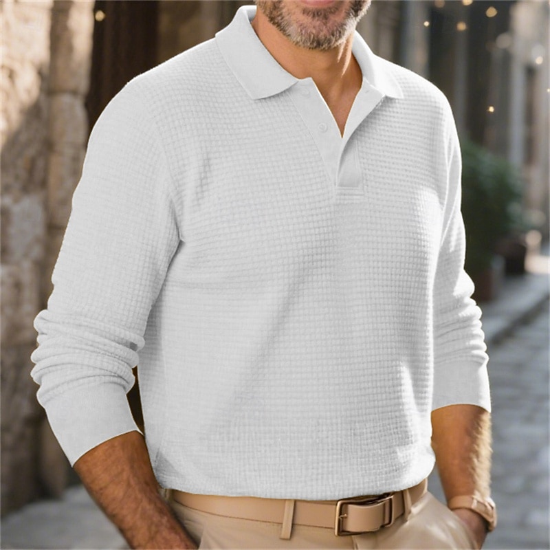 Men's Waffle Polo Shirts Golf Shirt Work Casual Lapel Long Sleeve Basic Modern Plain Buttons Spring Fall Regular Fit Black White Yellow Red Light Grey Light Blue Waffle Polo Shirts2