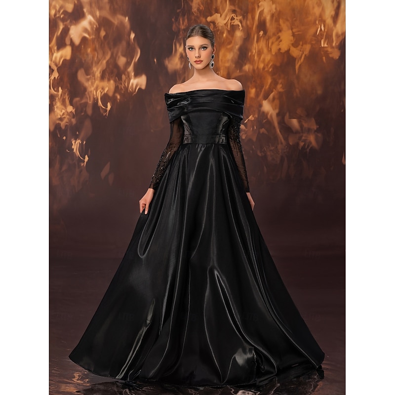 Black Gown A-Line Evening Gown Elegant Dress Formal Wedding Floor Length Sleeveless Off Shoulder Stretch Satin with Pleats Beading Lace Sleeve