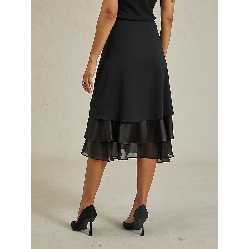 Women's A Line Elegant Fashion Midi Mid Waist Skirts Ruffle Layered Inelastic Valentine's Day New Year Black Spring Chiffon2