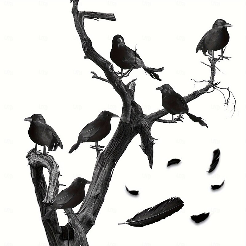 Halloween Black Crows Decorations 6-Pack - Handcrafted Realistic Feathered Ravens for Garden Yard Patio Indoor Outdoor Display - Non-Electric Seasonal Decor with Artificial Feathers4
