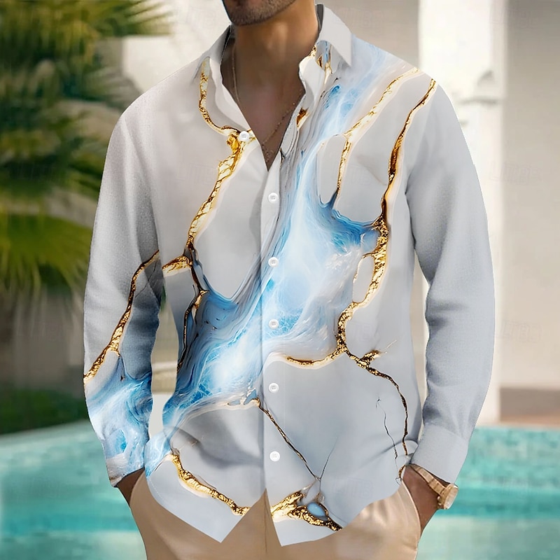 Men's Marble Abstract Art Shirt Button Up Shirt Long Sleeve Fashion Casual Outdoor Daily Streetwear Spring Fall Turndown 3D Print Linen Like Shirt Gray