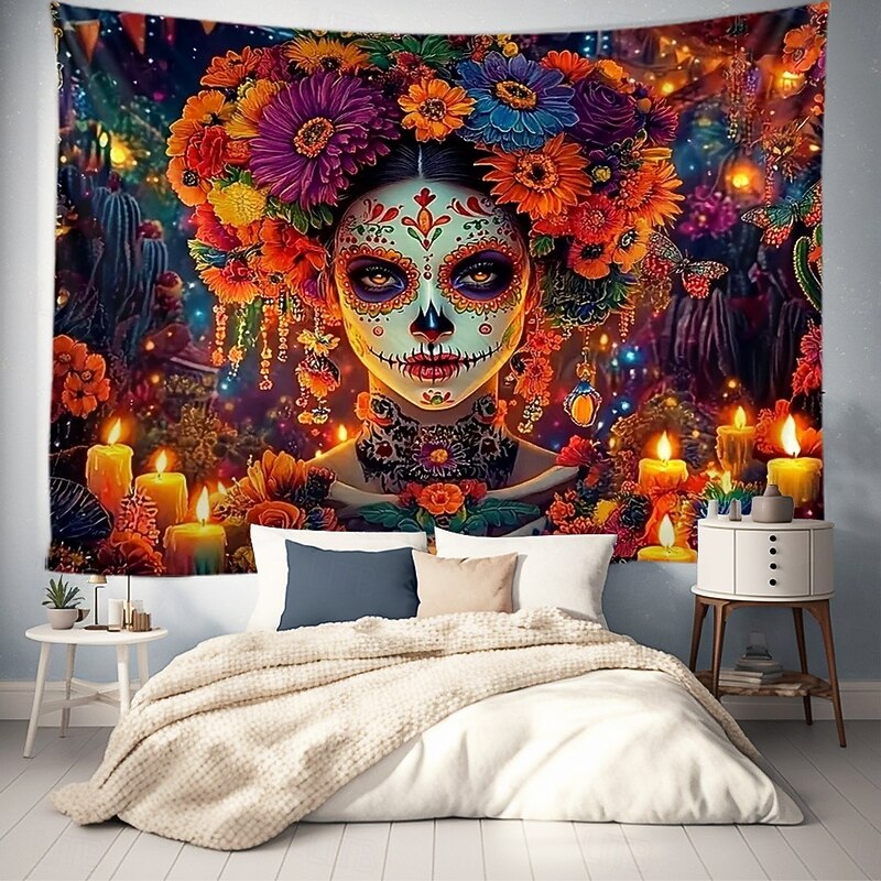 Day of the Dead Sugar Skull Wall Tapestry Backdrop, Mexican Dia de los Muertos Colorful Decoration for 2025 Halloween Living Room, Bedroom2