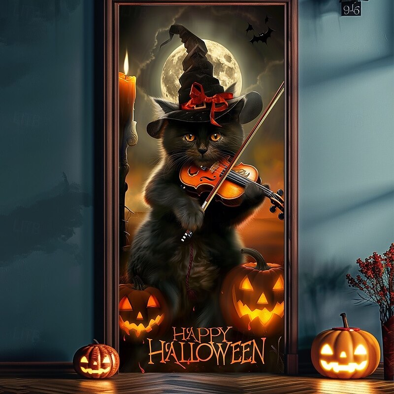 Halloween Door Cover – Black Cat with "Happy Halloween" Sign and Jack-O'-Lanterns, Haunted House Entrance Banner, Cute & Spooky Outdoor 2025 Halloween Decoration for Bedroom, Living Room, Bathroom2