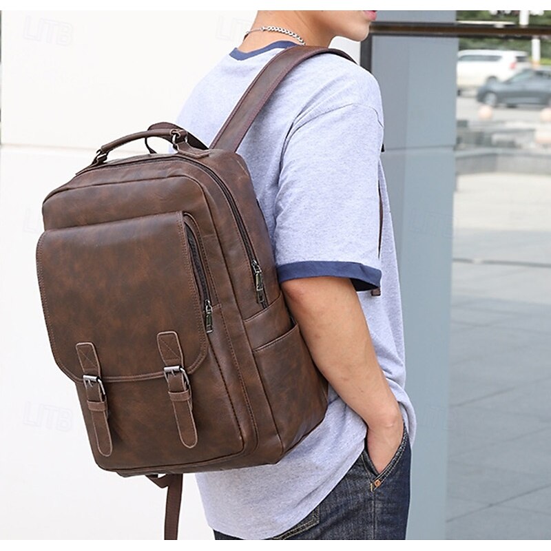 Men's Vintage Faux Leather Backpack – Large Capacity Business and Travel Bag with Buckle Straps and Laptop Compartment2