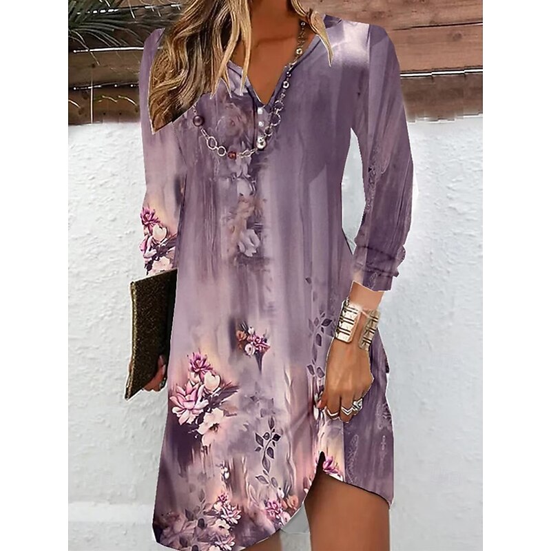 Women's Mini Dress Floral Dress Print Dress Fashion Modern Vacation Daily Going out Regular Fit Floral Long Sleeve V Neck Yellow Blue Purple Green Summer Spring2
