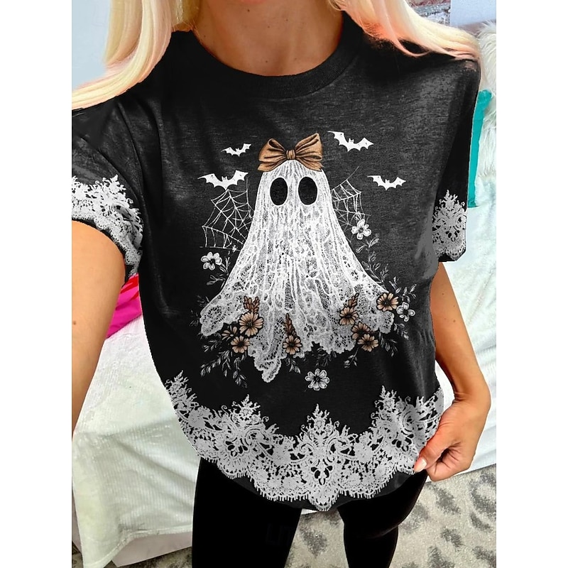 Halloween Women's T shirt Ghost Graphic Vintage Stylish Classic Short Sleeve Crew Neck Round Neck Regular Tops Daily Weekend Print Black off-white Summer Spring Fall