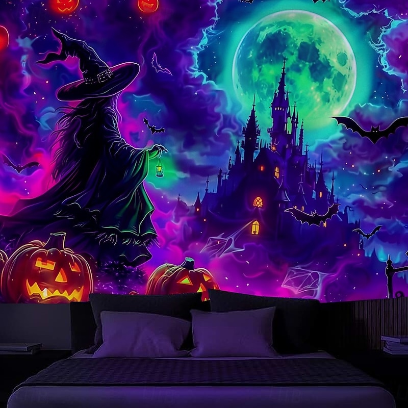 Halloween Blacklight Wall Tapestry – UV Reactive Glowing Moon over Haunted Forest Neon Colors Spooky Night Scene, Glow in the Dark Gothic Wall Hanging for 2025 Halloween Home and Party Decoration