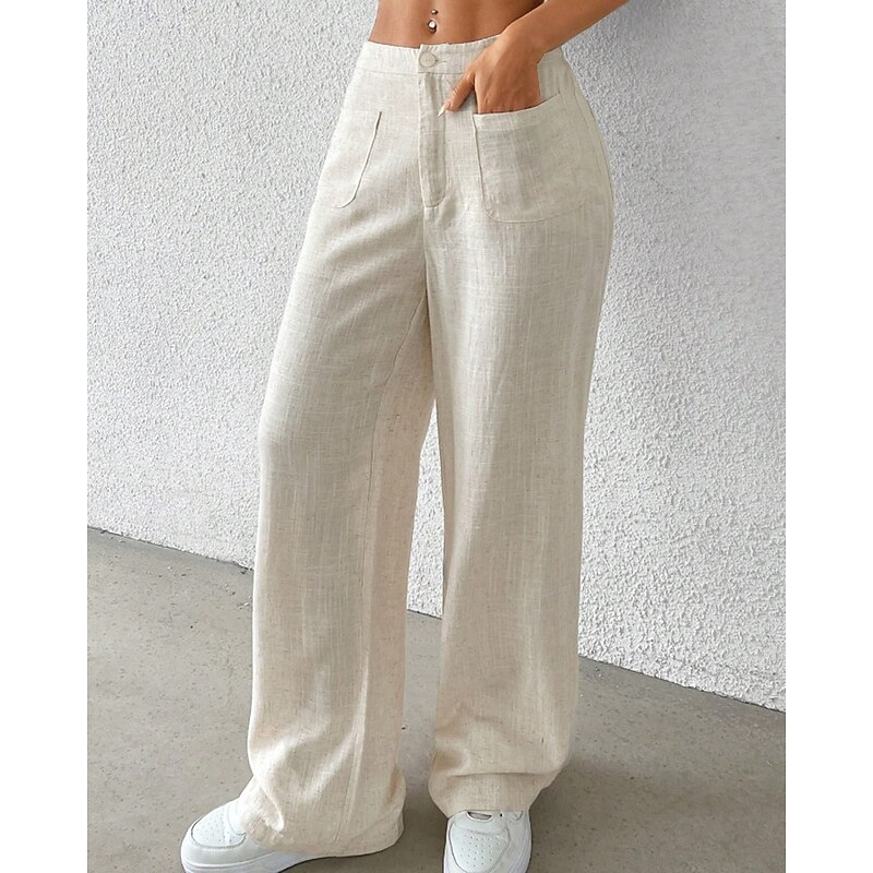 Women's Wide Leg Slacks Streetwear Casual Full Length Natural Plain Pocket Comfortable Outdoor Vacation Daily Apricot Fall Regular Fit