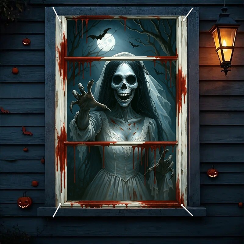 Halloween Window Curtain Grim Reaper Behind Bloody Wooden Planks, Creepy Door Cover, Window cover,  Wall Tapestry for 2025 Halloween Haunted House Spooky Home Decoration