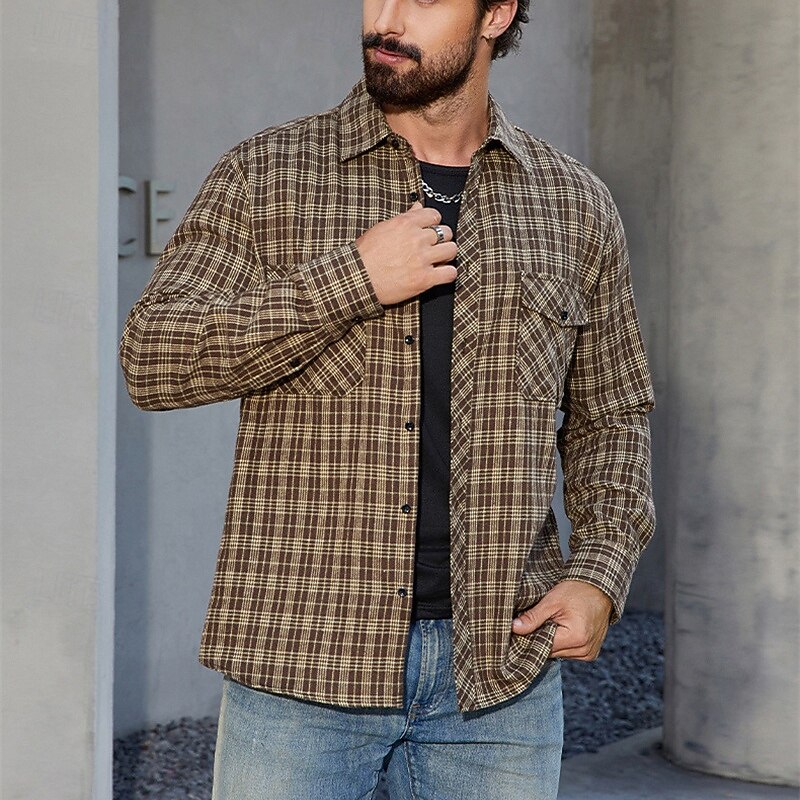 Men's Lightweight Jacket Shirt Jacket Casual Jacket Shacket Vacation Daily Breathable Pocket Spring Fall Plaid Fashion Classic Lapel Regular Black Yellow Jacket2