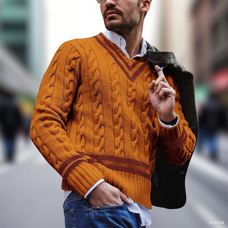 Men's Sweater Pullover Sweater Jumper Cable Knit Regular Tops Knitted Slim Fit Plain V Neck Knitwear Contemporary Casual Daily Wear Clothing Apparel Fall White Yellow M L XL3