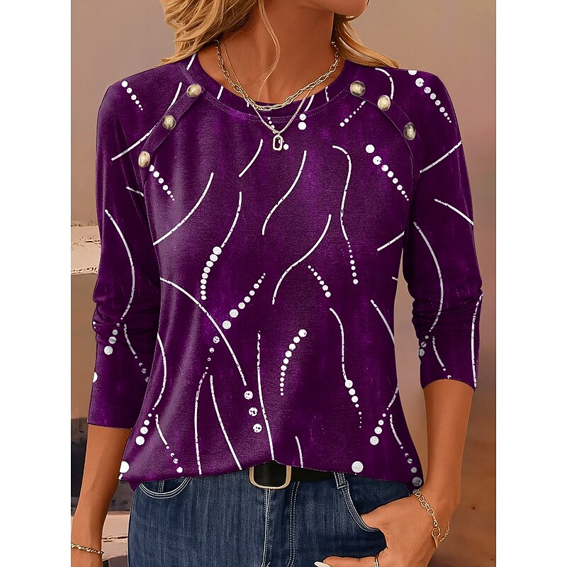 Women's T Shirt Graphic Geometric Vintage Casual Long Sleeve Crew Neck Regular Tops Daily Buttons Print Blue Purple Brown Green Spring Fall Winter4
