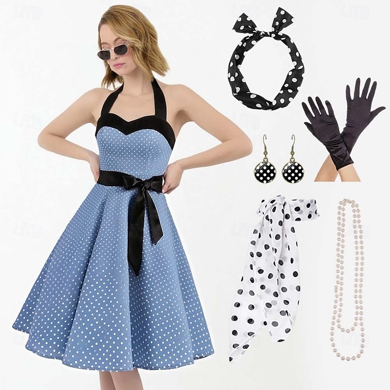 1950s Grease Outfits Vintage Inspired A Line Dress Swing Dress Accesories Set Flare Dress Women's Costume Vintage Cosplay Date Party & Evening Festival A-Line Silk Scarf